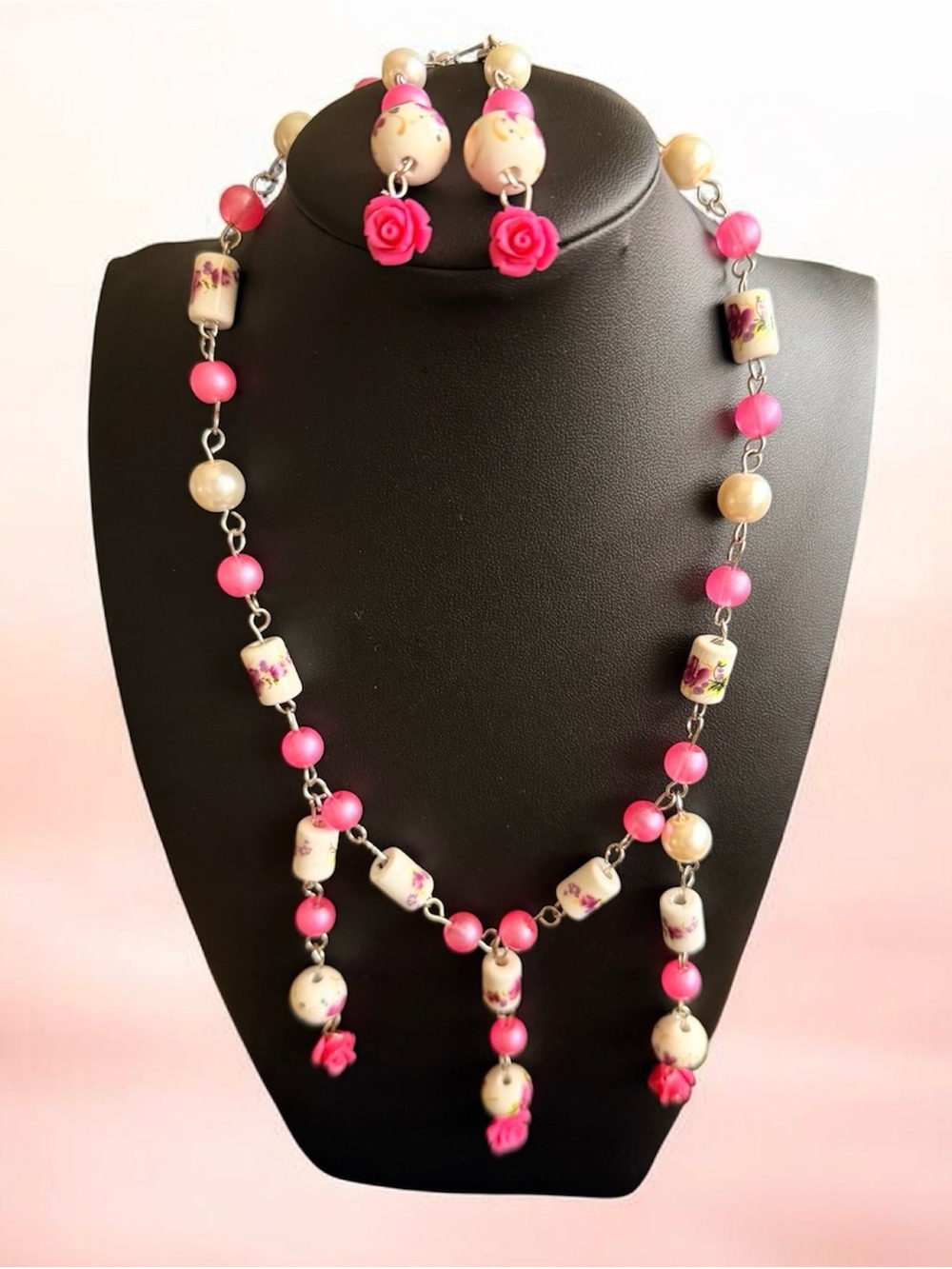 Delicate Pink Floral Bead Necklace and Matching Earrings